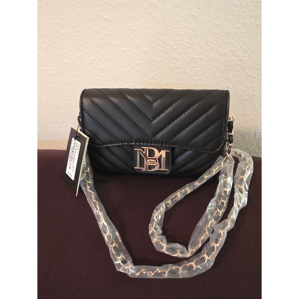 Badgley Mischka Black Chevron Quilted Crossbody Bag Gold Chain Strap NEW